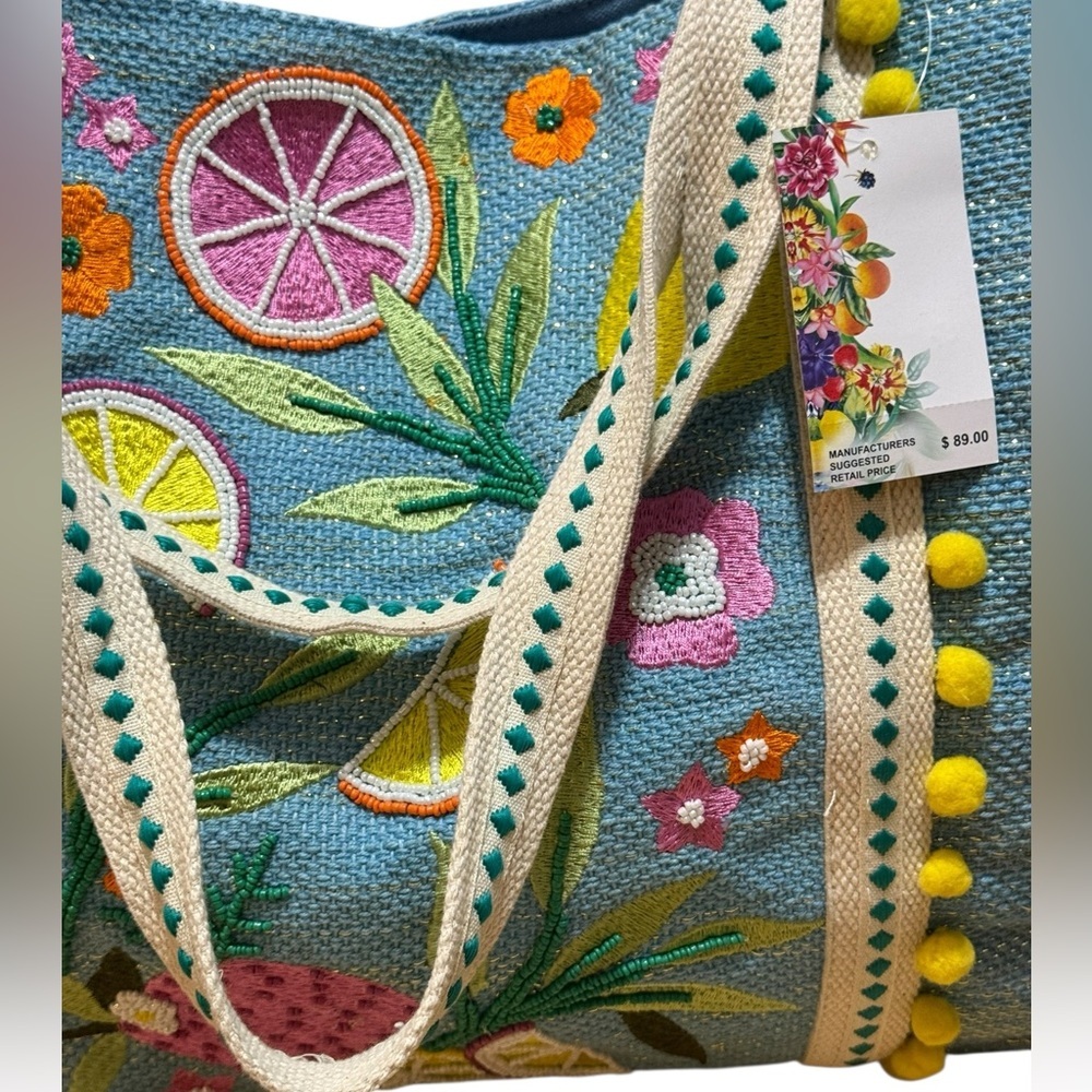 Beach Bag Express Edit Tote-Blue Tropical Embroidered Tote Bag with Pom-Pom Trim - Picture 7 of 16